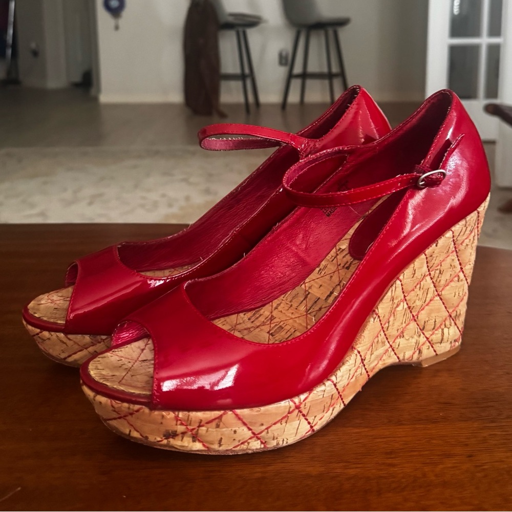 Ziginy Camille II Red Patent Leather Cork Wedge Mary Jane Peep Toe Sandals 9
